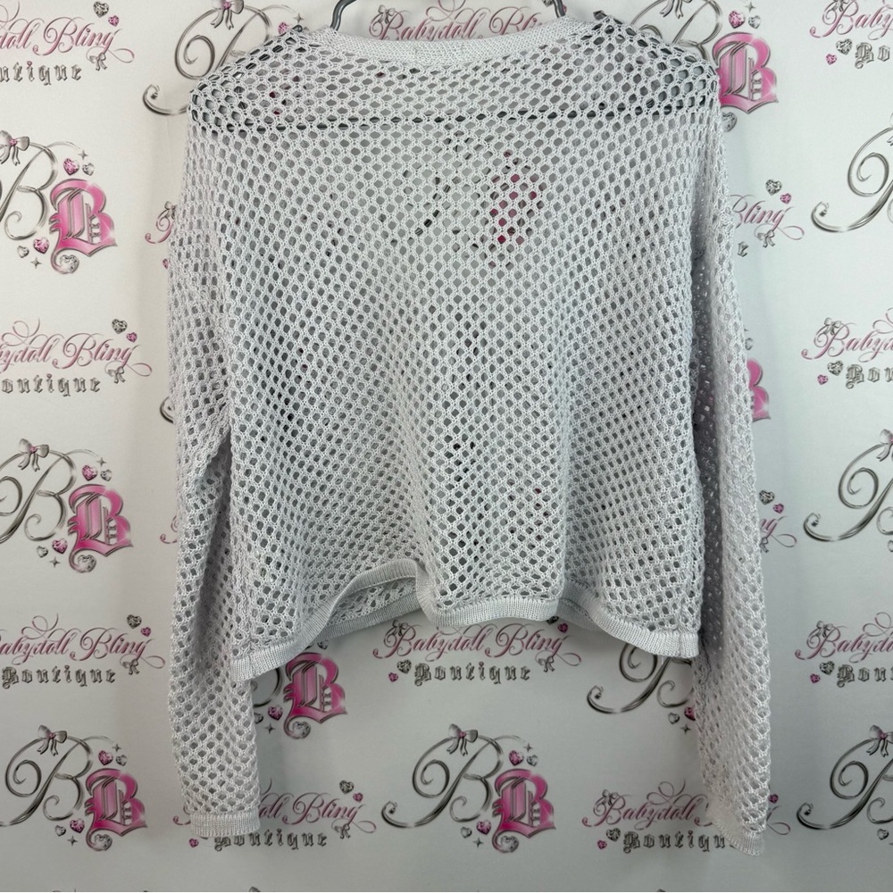 Ardene tie up shirt knit White Open Knit Cropped Tie-Front Sweater - Picture 2 of 10